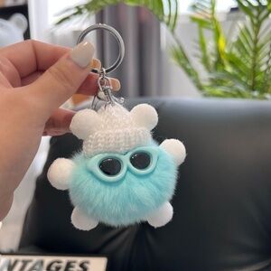 Chic Blue Pom Pom Keychain with Sunglasses